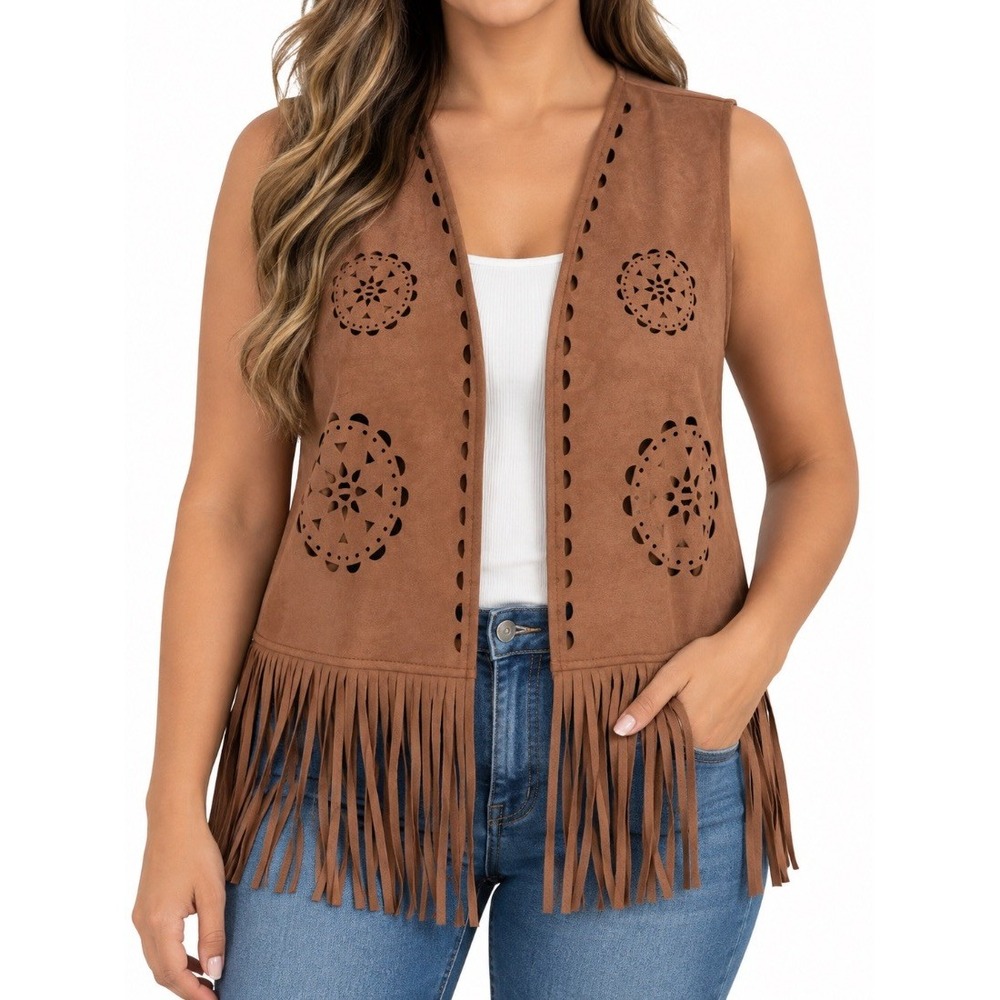Liv Los Angeles Womens Plus 2X Brown Boho Fringe Faux Suede Laser Cut Vest